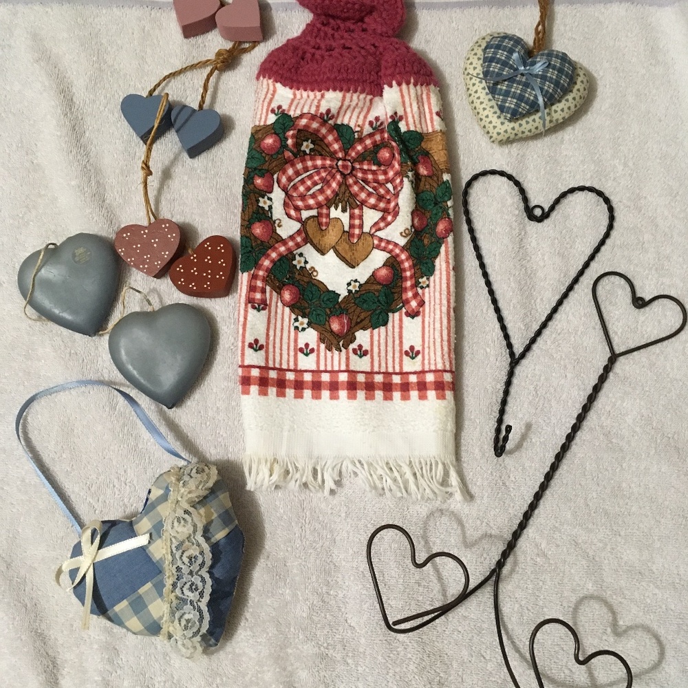 Heart Bundle - dish & hand towels, wall hangers,  blue candle duo, doilies